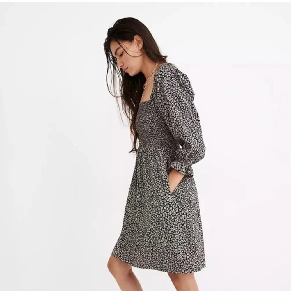 Madewell Lucie Elbow-Sleeve Smocked Mini Dress Size Large Parisian Ditsy o